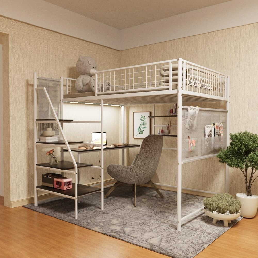 Loft Bed with Desk & Charging Station, Metal Frame, Space-Sa