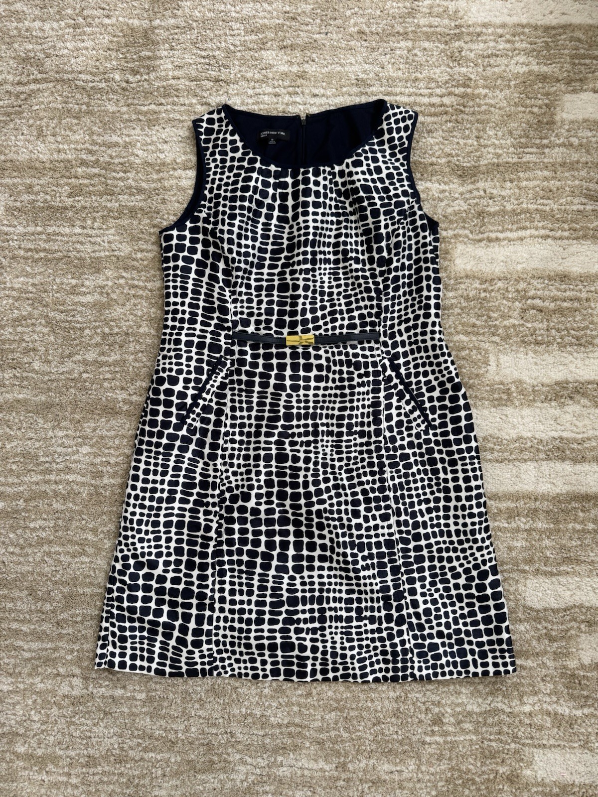 Jones New York Women’s Size 16 Navy/White Geometric Sheath Dress Belted Lined
