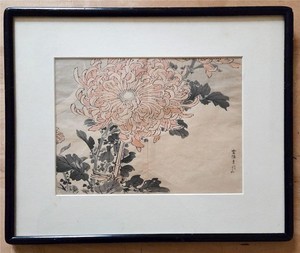 Antique Japanese Woodblock Print by Kono Bairei 100 Chrysanthemum Framed c.1892
