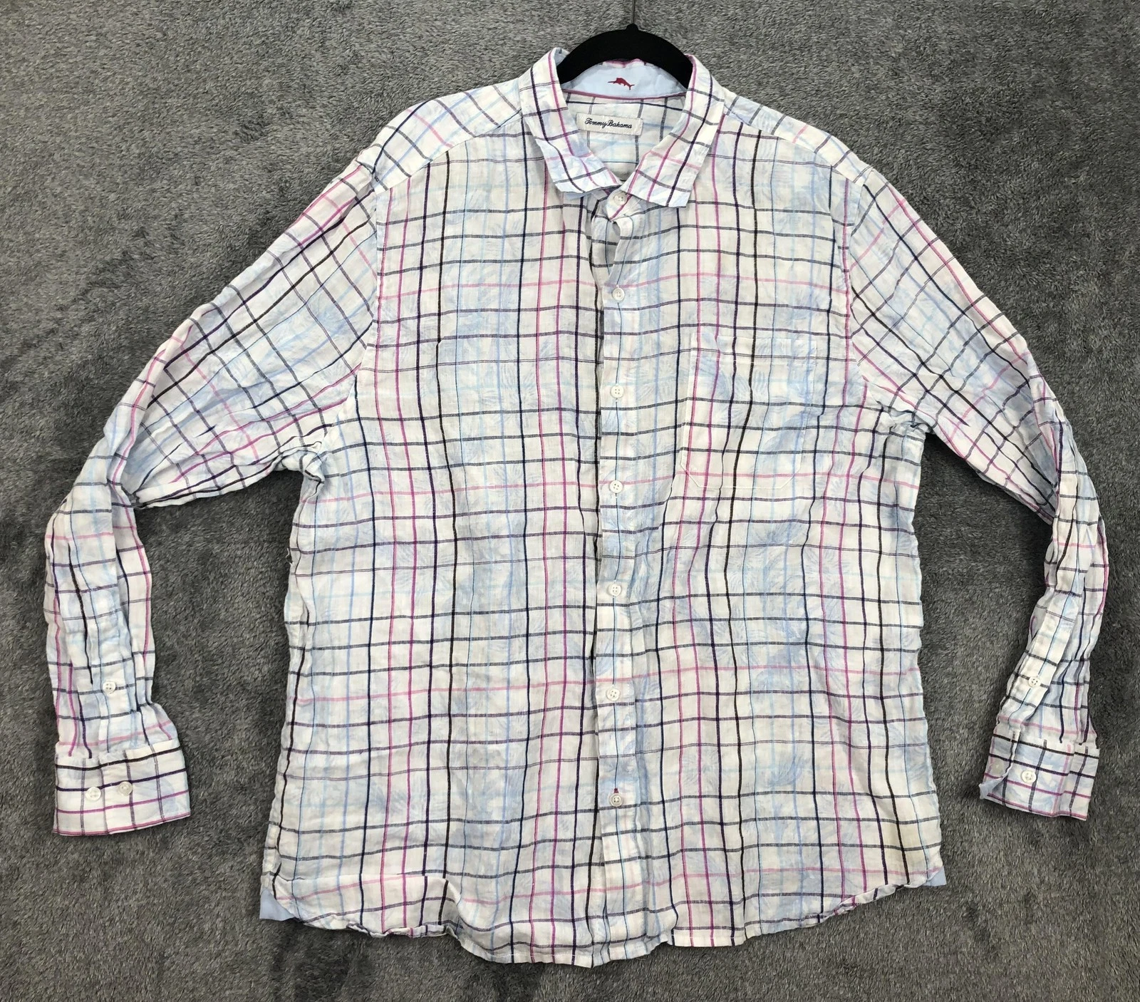 Tommy Bahama Shirt Mens XL White Multicolor Plaid 100% Linen Long Sleeve