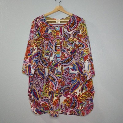 Fig and Flower 2X Colorful 1/4 Button Blouse Paisley Pockets Womens