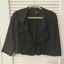 Ann Taylor Petite Peplum Hem Blazer Ruffle Collar 3/4 Sleeve Size 4P Solid Black