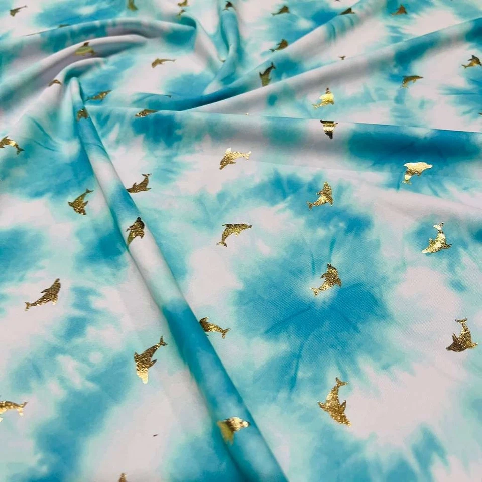Baby Blue & White Tie Dye Dolphins print Spandex Fabric Stretch Swimsuit By Yard - Image 3 of 4