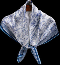 100 Silk 35" large Square Scarf Women Wrap neckerchief floral blue gray MY226-5