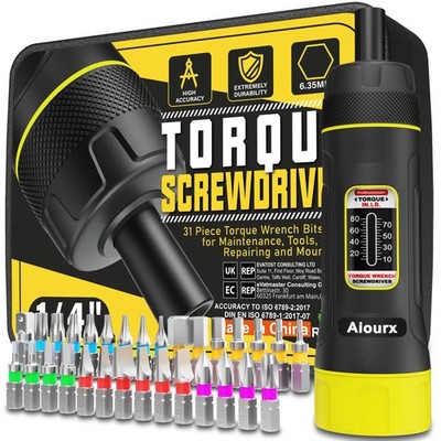 Torque Screwdriver Set, 10-80 Inch Pounds lbs, 31 Piece 1/4'' Drive Torque Scr