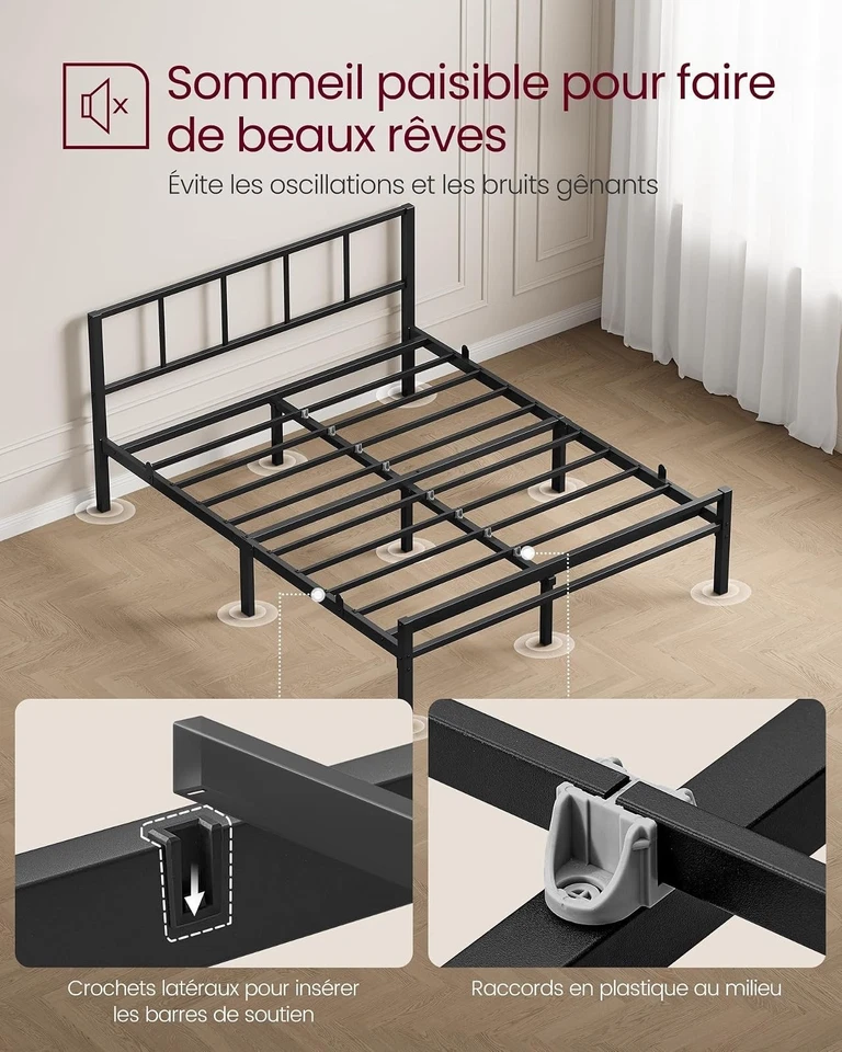 Cadre de lit 140 x 190 cm avec tête de lit métal noir VASAGLE - Photo 4/4