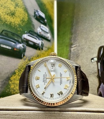 Mens Rolex Datejust Gold Stainless Steel White Roman Dial 36mm Watch 16013