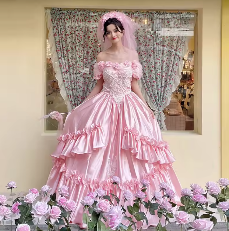 Fairy Pink Victoria Wedding Dresses off the Shoulder Ruffles Flowers Satin  Lace | eBay