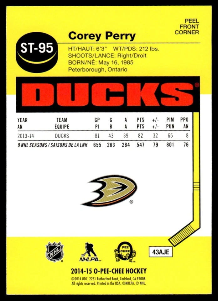 2014-15 O-Pee-Chee Stickers Corey Perry Anaheim Ducks #ST-95 - Image 2 of 2