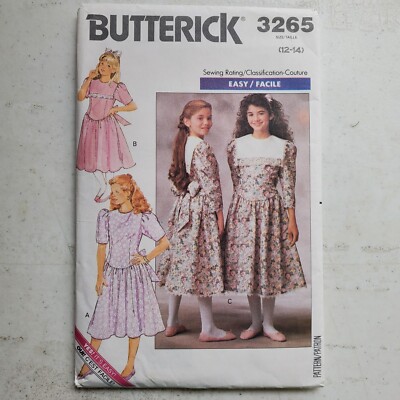 Vtg Butterick Pattern 3265 Girls Dress Drop Waist Collar Easy Childs 12 CUT 1989