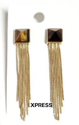 Express Stone Fringe Statement Earrings Brown Multi Shiny Gold New with Tags
