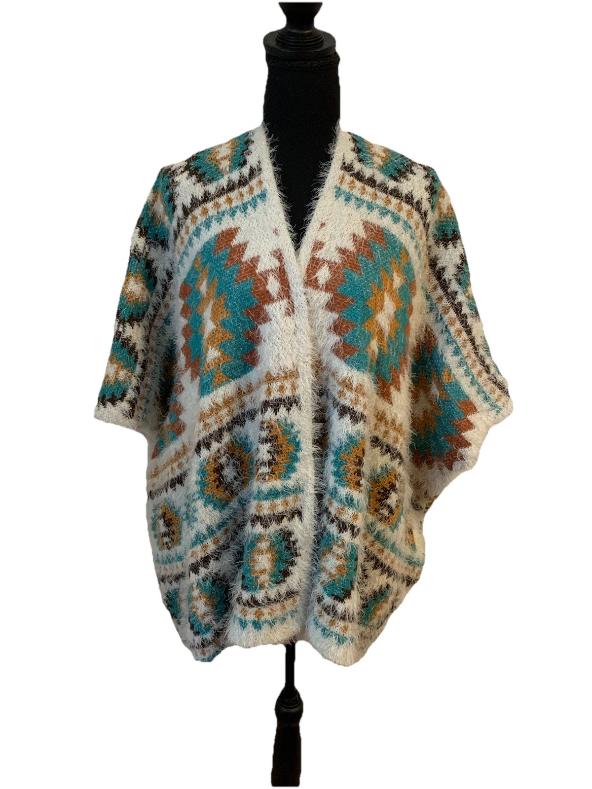 Rockin C Womens Size L/XL Fuzzy Cardigan Wrap Aztec Festival Cowgirl Poncho