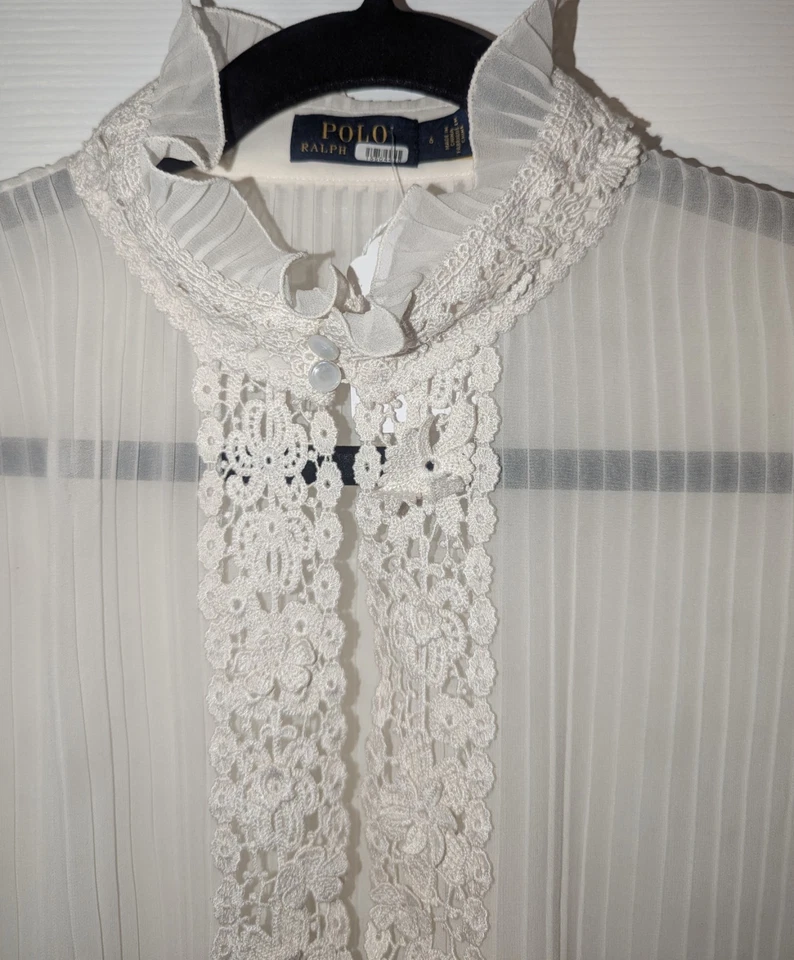 POLO RALPH LAUREN 女式衬衫蕾丝装饰褶皱褶饰 6 码 MSRP $398
