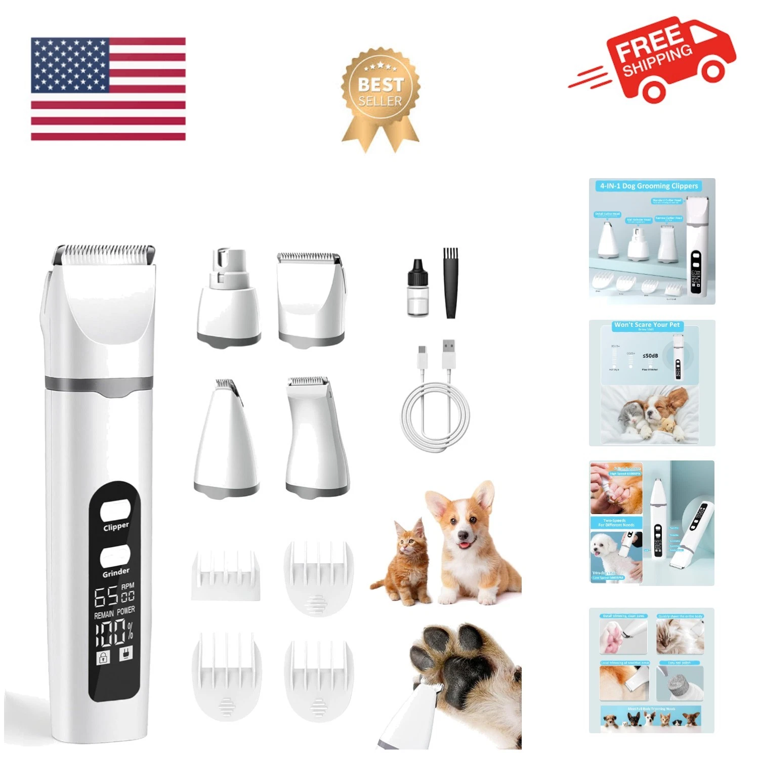 Dog Clippers for Grooming, 4 in 1 Dogs Paw Trimmer Pet Grooming Kit, Low Nois...