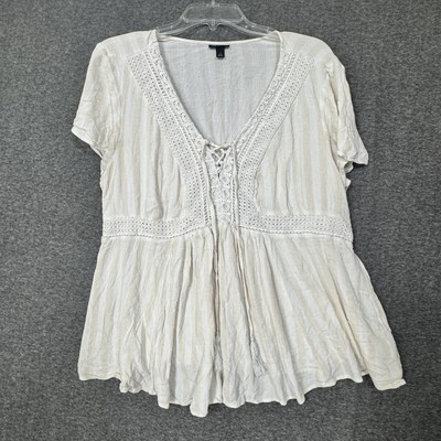 Torrid Boho Peplum Top Womens 1 Ivory White Stripe Crochet Lace Tie Front Rayon