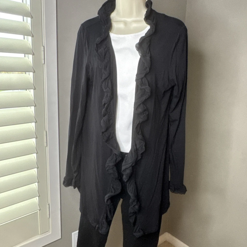 INC Cardigan black open cardigan ruffle Rayon / Spandex / Silk SZ LARGE - Image 3 of 4