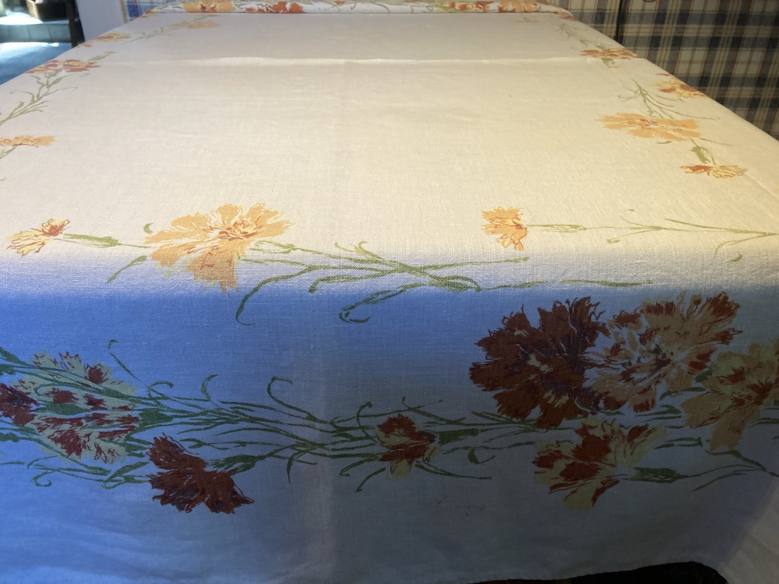 Vintage Rust, Orange, Green, Flowered Linen? Tablecloth, 65x50