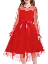 Girls Dresses Tulle Contrast Mesh Puff Long Sleeve Twirly High 9-10 Years Red