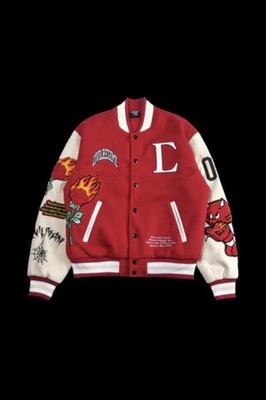 Flames V2 Varsity Jacket in Butter/Red