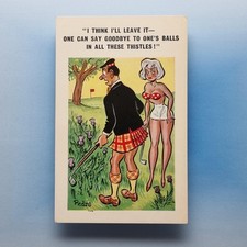 Comic Postkarte Golf Brüste Scot Kilt Bälle Disteln um 1965 Sunny Pedro