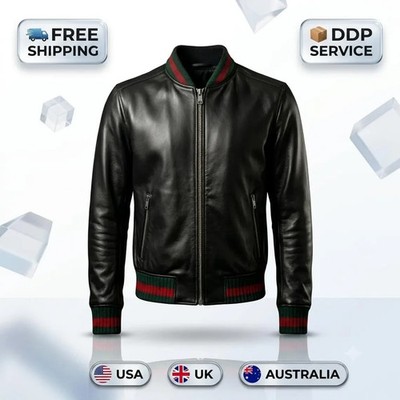 Men's Black Genuine Sheepskin Leather Bomber Jacket - Casual Style Biker Jacket
