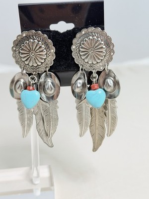 Concho Post Earrings Cowboy Hat Feathers Hearts Stars Dangles Silver Tone 2-3 