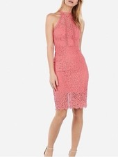 Express HIGH NECK LACE SHEATH DRESS CORAL Pink Sz 14 Coquette Romantic Sexy