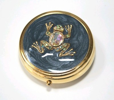 Vintage Pillbox / Pill Box Gold Tone / Blue Enamel / AB Rhinestone FROG ESTATE