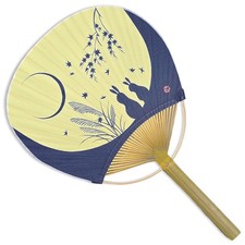 Japanese Uchiwa Flat Fan Hand Held Bamboo Handle Moon Rabbits Made in Japan