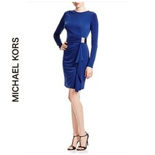 Michael Kors Blue Jersey Knit Draping Ruching Silver Logo Sheath Dress Sz S