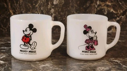 Vintage Federal Mickey & Minnie Mouse Walt Disney Milk Glass Cup / Mug Set - EUC
