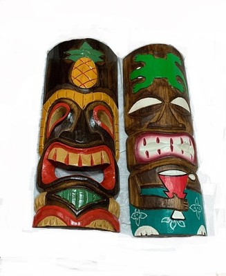 Scratch & Dent Set of 2 Hand Carved Wood Tiki Masks 12 Inch