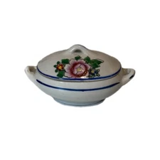 Vtg Porcelain Covered Trinket Dish Multicolor Floral Small Loop On Top MFG Japan