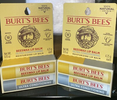Burt's Bees Beewax & Ultra Conditioning Moisturizing Lip Balm 2 Pks of 2 Each