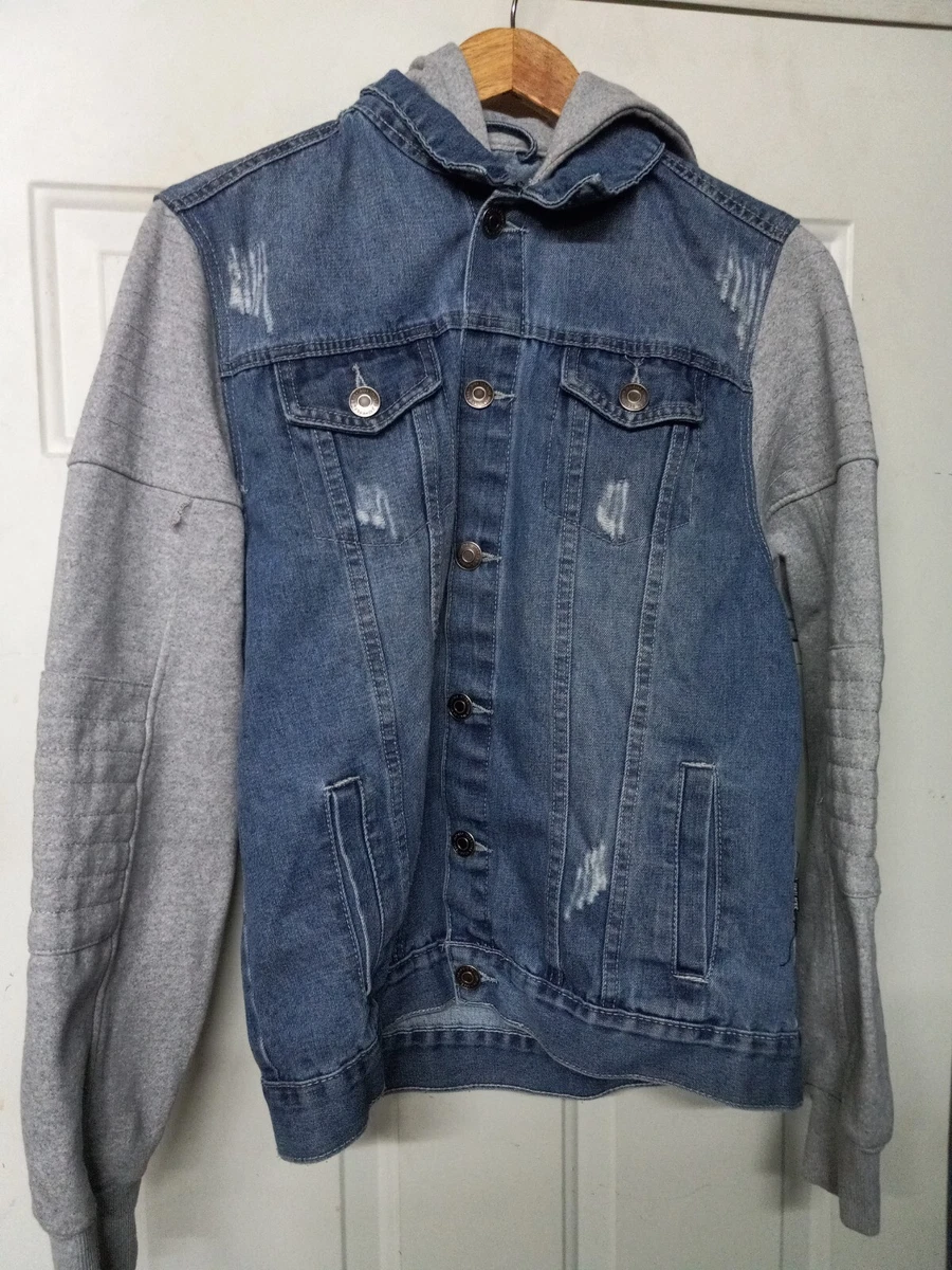 Hu0026M Denim Jacket With Sweatshirt Sleeves And Removable Hood