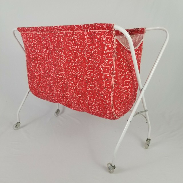 Vintage Rolling Laundry Basket Cart Clothes Hamper 3 Bin Folding Mid