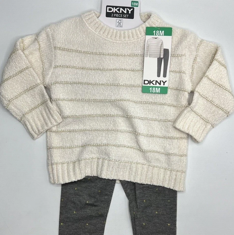 Conjunto de suéter y leggings/pantalones de chenilla de 2 piezas DKNY para niñas talla 18M Foto 3 de 4