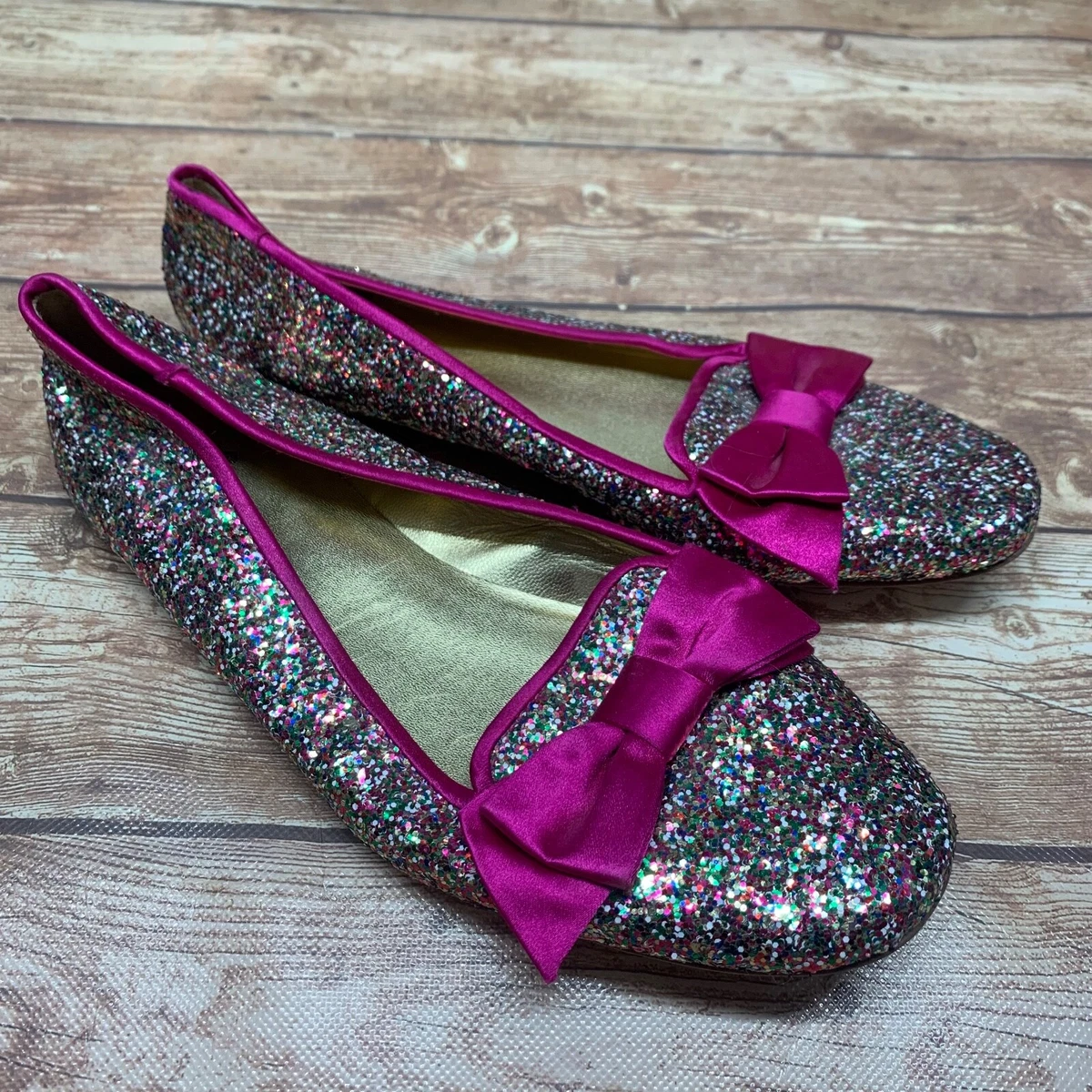 Kate Spade Audrina Multi Glitter Pink Satin Bow Flats Size 7.5M Slip On Shoes
