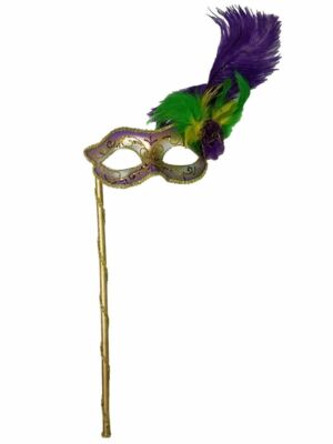 Gold, Silver Purple Glitter Flower Feather Stick Mask Masquerade Mask