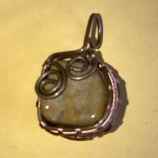 Handcrafted Wire Wrapped Copper Pendant Square Brown Stone Bohemian Unisex