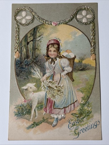 1910 Embossed Bo Peep Lamb antique Easter Eggs Greeting Card Postcard Vtg