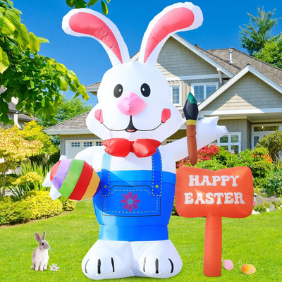 Huge 12FT Tall Easter Inflatable Decoration Standing Bunny Holding Egg and Paint