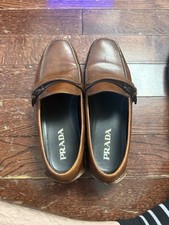 PRADA Driving Loafer Shoes Brown Pebbled Leather Men's Size US-9.5