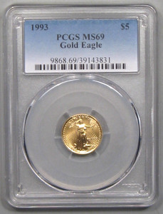 BU 1993 - $5 GOLD American Eagle 1/10 oz. PCGS MS69.