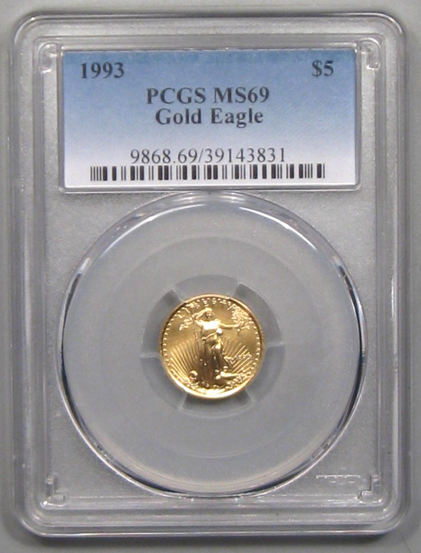 BU 1993 - $5 GOLD American Eagle 1/10 oz. PCGS MS69.