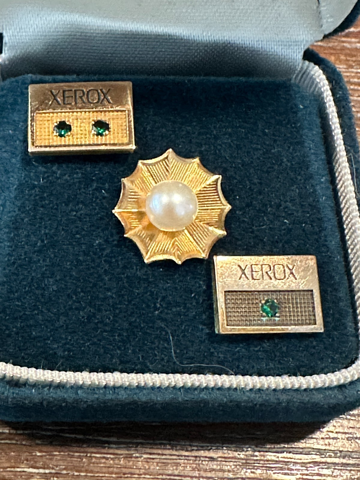 2 VINTAGE 1980's XEROX 1/10 10K GF Yellow Gold Pin 2 Green & 1 Green Sapphires