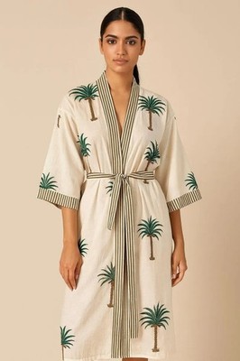 Indian Green Palm Tree Kimono, Long Cotton Beach Kimono Night Kimono Bath Robes