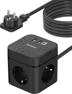6-in-1 Socket Cube with USB C, 3-Way Cube Socket Strip Flat Connector with In...