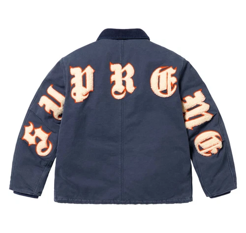 Veste en toile de travail Supreme Old English Logo bleu marine Taille XL En main