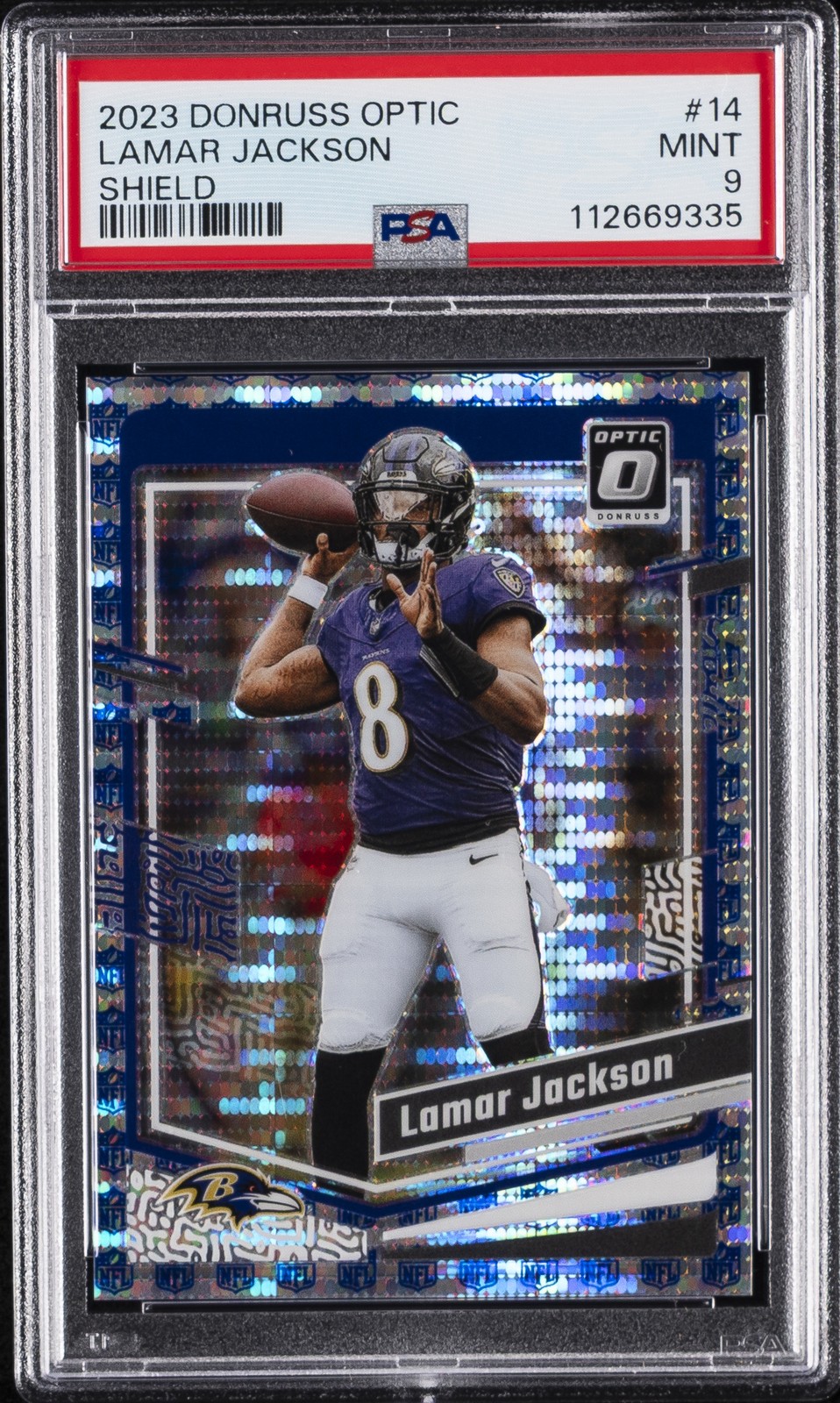 2023 PANINI DONRUSS OPTIC SHIELD #14 LAMAR JACKSON 8/32 PSA 9